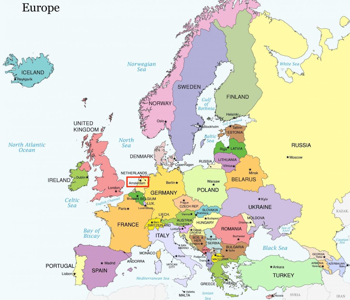 Amsterdam auf der Karte von Europa